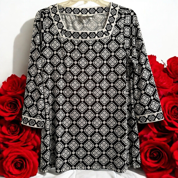 Magnolia Grace Chic Moroccan Print Tunic Top Womens M Square Neck Black & White - Picture 1 of 17